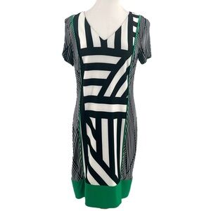 Donna Ricco Green Black White Geometric Print Shift Dress Size 8